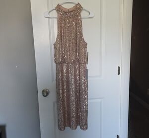 Eliza J Rose Gold Sequin Halter Midi Dress